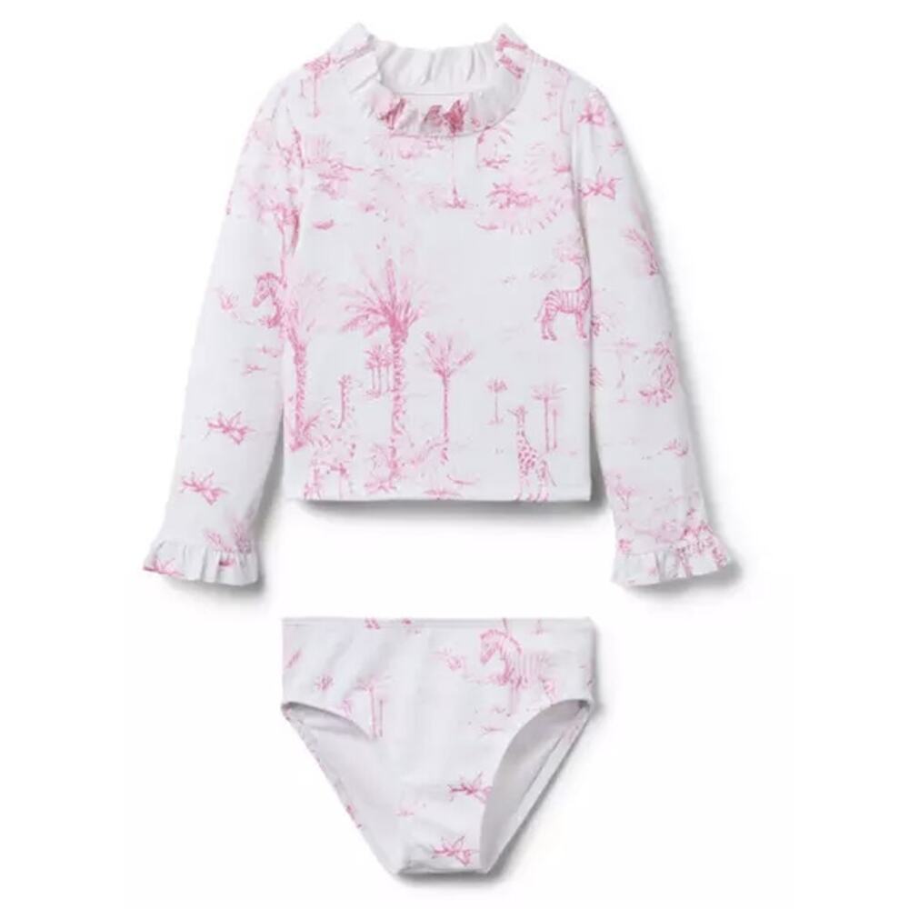 Janie adn Jack Girls 8 Jet Ivory Animal Friends Toile Rash Guard Swim Set K13-19